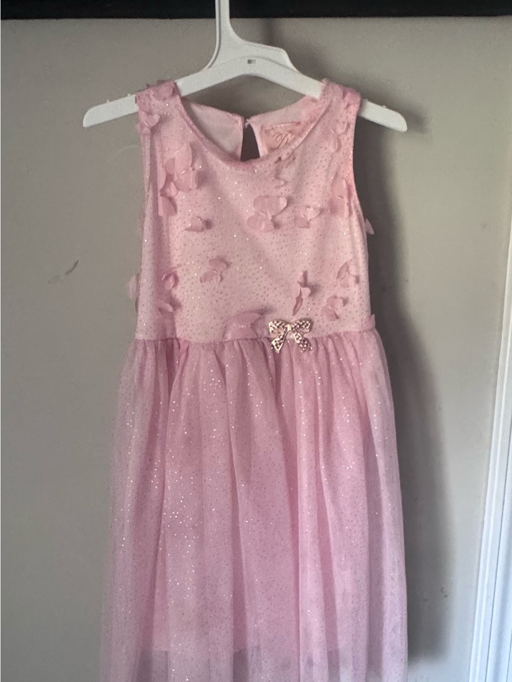 Sleeveless Pink Sparkle Tulle Dress with Bow Accent